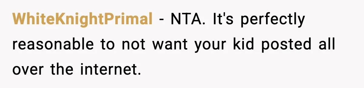 WhiteKnightPrimal - NTA. It's perfectly reasonable to not want your kid posted all over the internet.