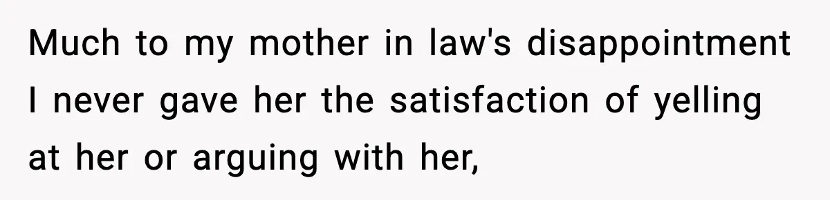 Much to my mother in law's disappointment I never gave her the satisfaction of yelling at her or arguing with her,