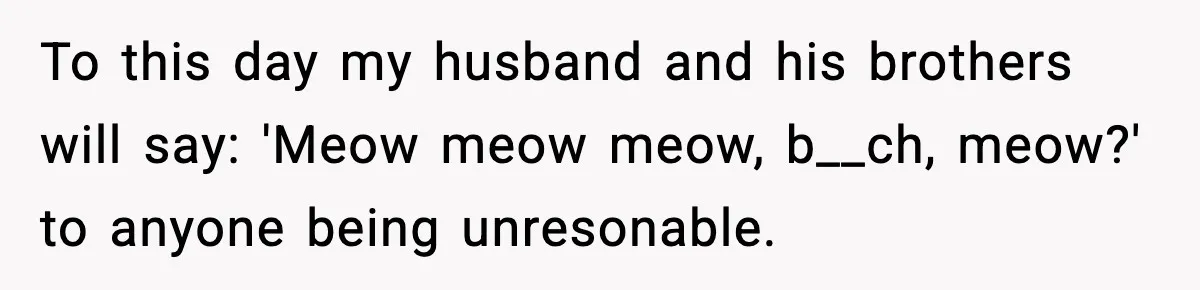 To this day my husband and his brothers will say: 'Meow meow meow, b__ch, meow?' to anyone being unresonable.
