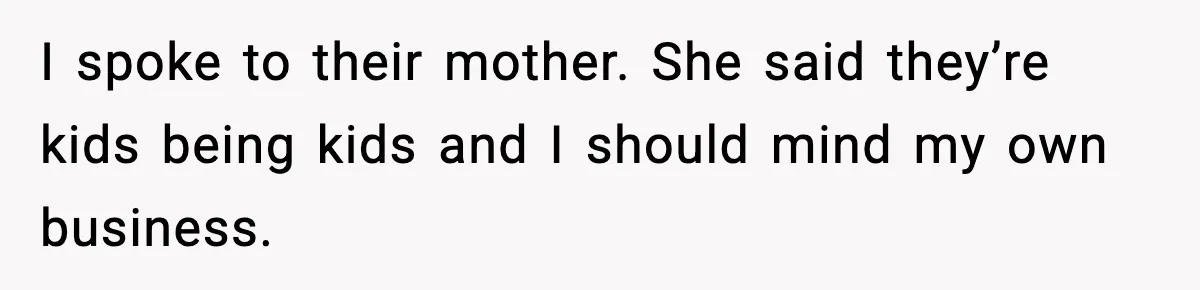 I spoke to their mother. She said they’re kids being kids and I should mind my own business.