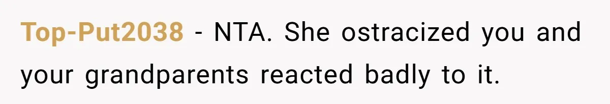 Top-Put2038 − NTA. She ostracized you and your grandparents reacted badly to it.