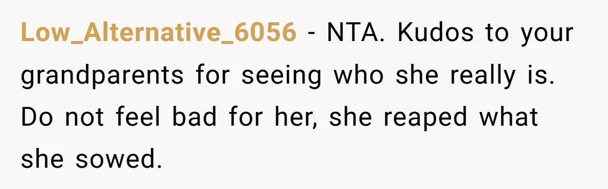 Low_Alternative_6056 − NTA. Kudos to your grandparents for seeing who she really is. Do not feel bad for her, she reaped what she sowed.
