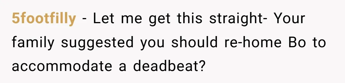 5footfilly − Let me get this straight- Your family suggested you should re-home Bo to accommodate a deadbeat?