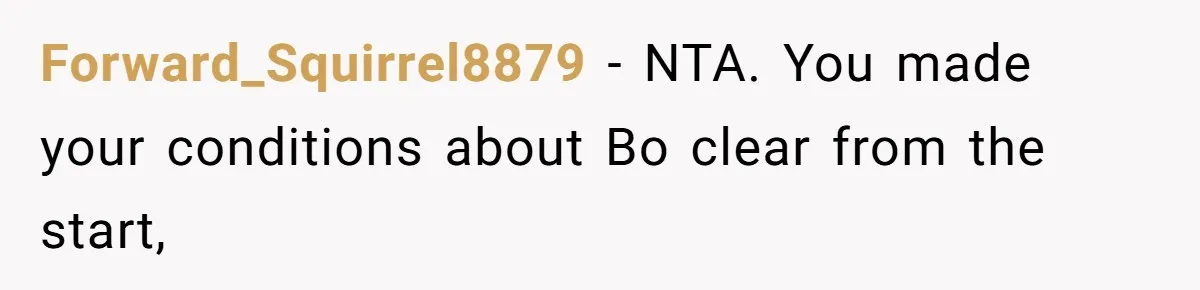 Forward_Squirrel8879 − NTA. You made your conditions about Bo clear from the start,