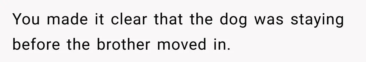 You made it clear that the dog was staying before the brother moved in.