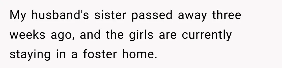 My husband's sister passed away three weeks ago, and the girls are currently staying in a foster home.