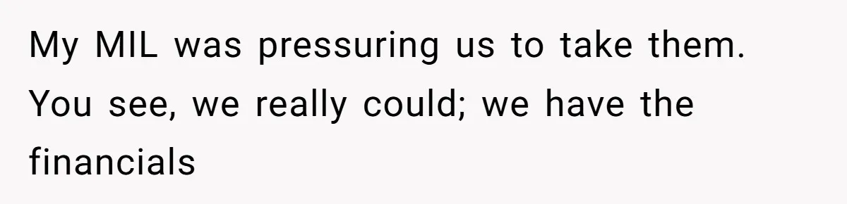 My MIL was pressuring us to take them. You see, we really could; we have the financials