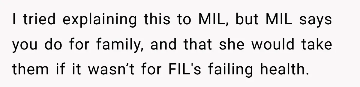 I tried explaining this to MIL, but MIL says you do for family, and that she would take them if it wasn’t for FIL's failing health.