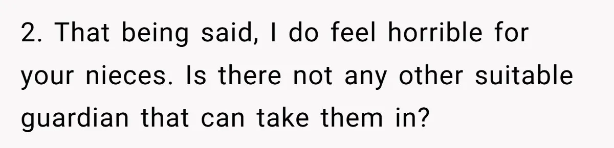 2. That being said, I do feel horrible for your nieces. Is there not any other suitable guardian that can take them in?