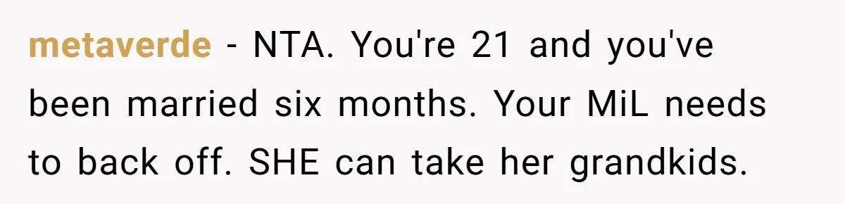 metaverde − NTA. You're 21 and you've been married six months. Your MiL needs to back off. SHE can take her grandkids.