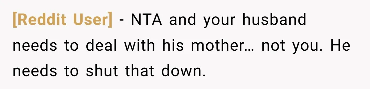 [Reddit User] − NTA and your husband needs to deal with his mother… not you. He needs to shut that down.
