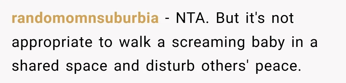 randomomnsuburbia − NTA. But it's not appropriate to walk a screaming baby in a shared space and disturb others' peace.