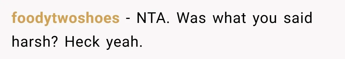 foodytwoshoes − NTA. Was what you said harsh? Heck yeah.