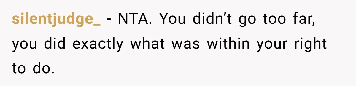 silentjudge_ - NTA. You didn’t go too far, you did exactly what was within your right to do.