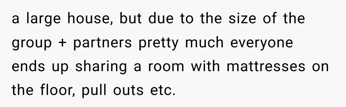 a large house, but due to the size of the group + partners pretty much everyone ends up sharing a room with mattresses on the floor, pull outs etc.