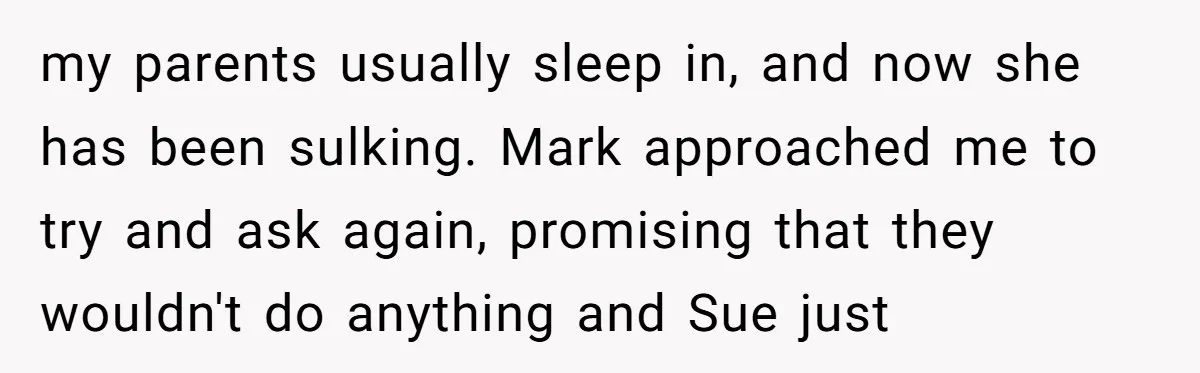 my parents usually sleep in, and now she has been sulking. Mark approached me to try and ask again, promising that they wouldn't do anything and Sue just
