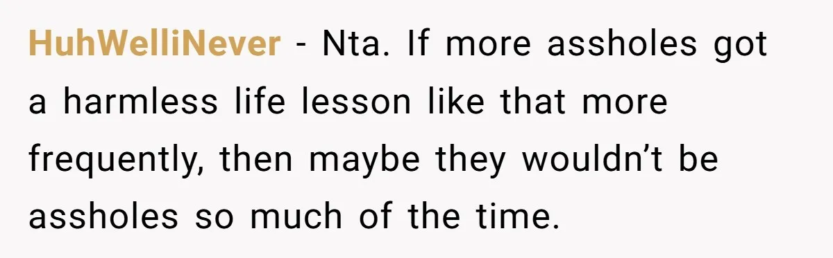 HuhWelliNever − Nta. If more assholes got a harmless life lesson like that more frequently, then maybe they wouldn’t be assholes so much of the time.