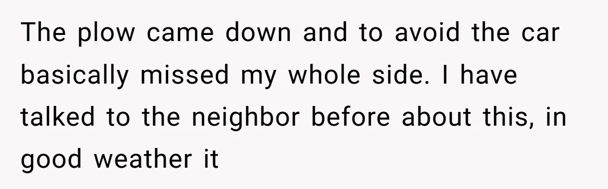 The plow came down and to avoid the car basically missed my whole side. I have talked to the neighbor before about this, in good weather it