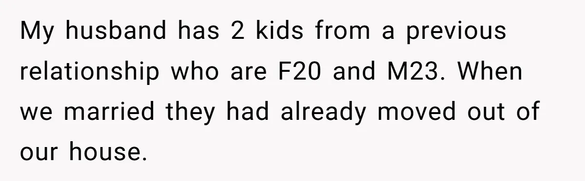 My husband has 2 kids from a previous relationship who are F20 and M23. When we married they had already moved out of our house.