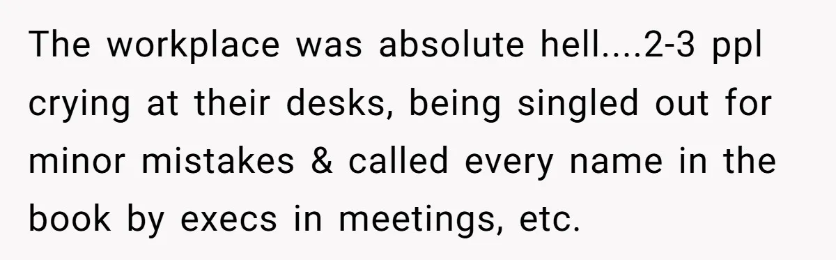 The workplace was absolute hell....2-3 ppl crying at their desks, being singled out for minor mistakes & called every name in the book by execs in meetings, etc.
