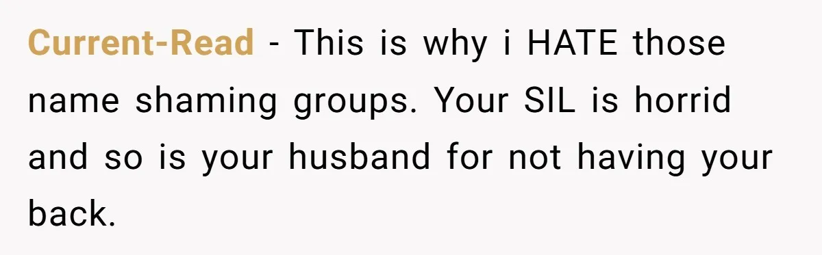 Current-Read - This is why i HATE those name shaming groups. Your SIL is horrid and so is your husband for not having your back.