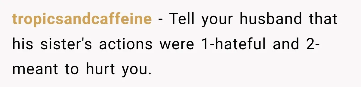 tropicsandcaffeine - Tell your husband that his sister's actions were 1-hateful and 2-meant to hurt you.
