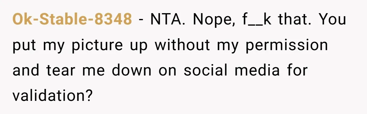 Ok-Stable-8348 - NTA. Nope, f__k that. You put my picture up without my permission and tear me down on social media for validation?