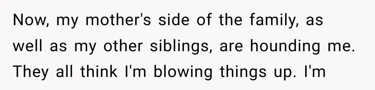 Now, my mother's side of the family, as well as my other siblings, are hounding me. They all think I'm blowing things up. I'm