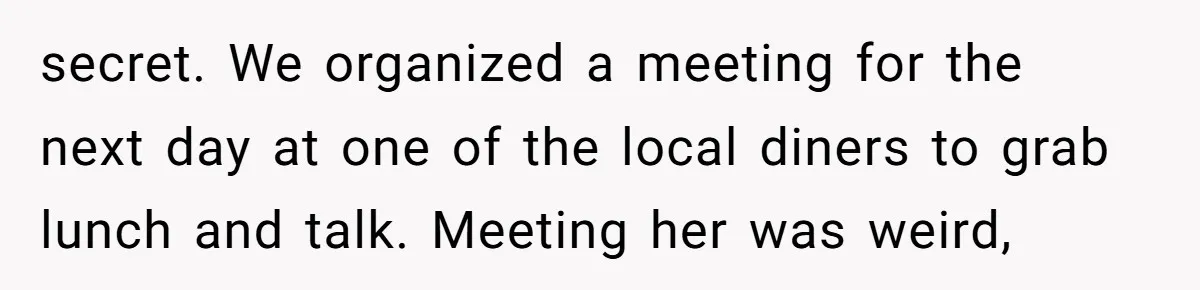 secret. We organized a meeting for the next day at one of the local diners to grab lunch and talk. Meeting her was weird,
