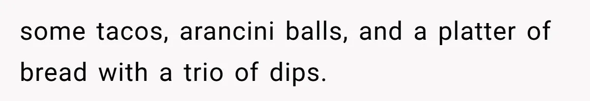 some tacos, arancini balls, and a platter of bread with a trio of dips.