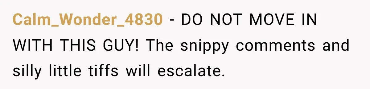 Calm_Wonder_4830 − DO NOT MOVE IN WITH THIS GUY! The snippy comments and silly little tiffs will escalate.