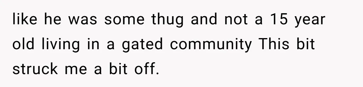 like he was some thug and not a 15 year old living in a gated community This bit struck me a bit off.
