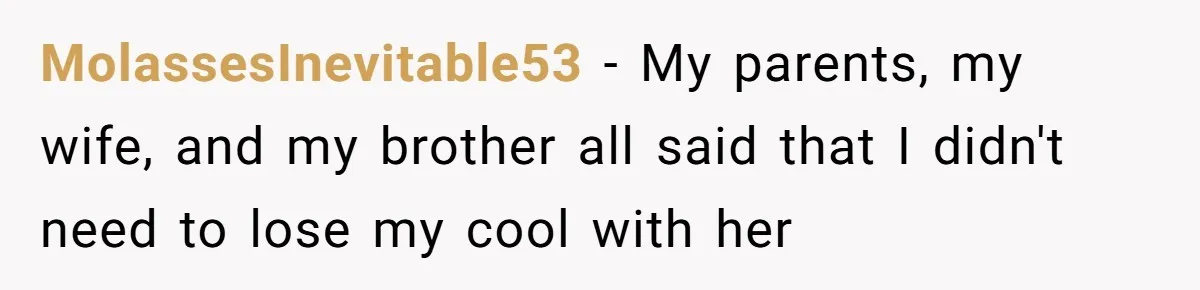 MolassesInevitable53 − My parents, my wife, and my brother all said that I didn't need to lose my cool with her