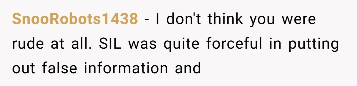 SnooRobots1438 − I don't think you were rude at all. SIL was quite forceful in putting out false information and