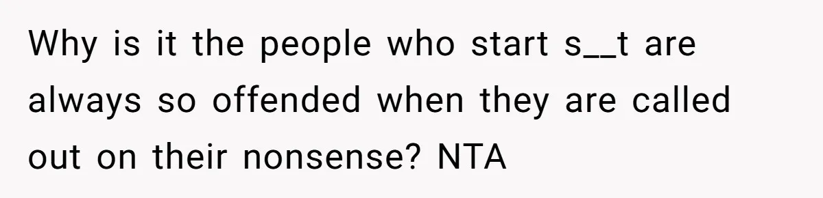 Why is it the people who start s__t are always so offended when they are called out on their nonsense? NTA