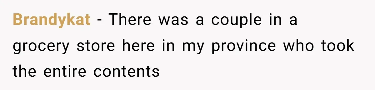 Brandykat − There was a couple in a grocery store here in my province who took the entire contents