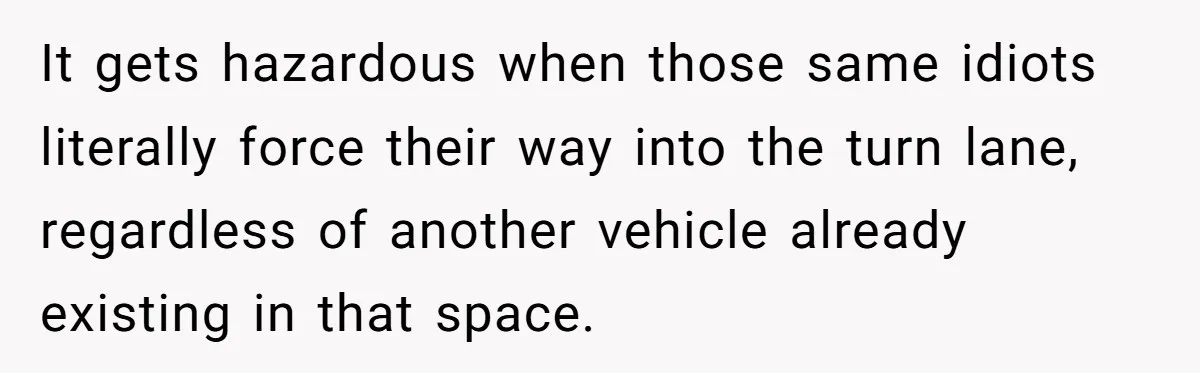 It gets hazardous when those same idiots literally force their way into the turn lane, regardless of another vehicle already existing in that space.