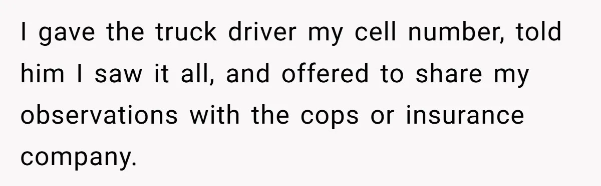I gave the truck driver my cell number, told him I saw it all, and offered to share my observations with the cops or insurance company.
