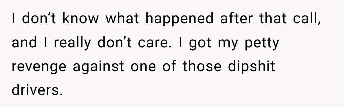 I don’t know what happened after that call, and I really don’t care. I got my petty revenge against one of those dipshit drivers.