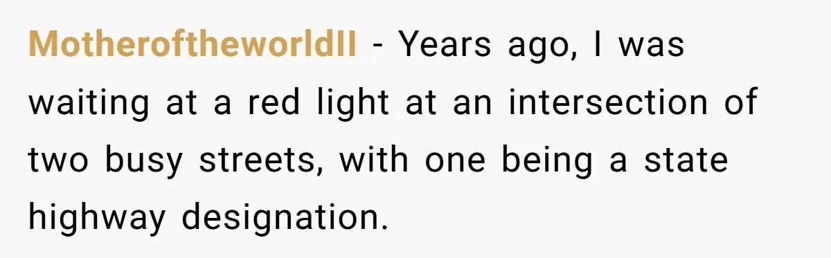 MotheroftheworldII − Years ago, I was waiting at a red light at an intersection of two busy streets, with one being a state highway designation.