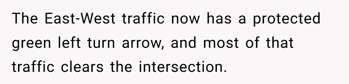 The East-West traffic now has a protected green left turn arrow, and most of that traffic clears the intersection.