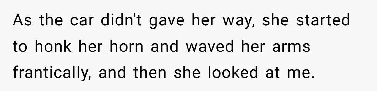 As the car didn't gave her way, she started to honk her horn and waved her arms frantically, and then she looked at me.