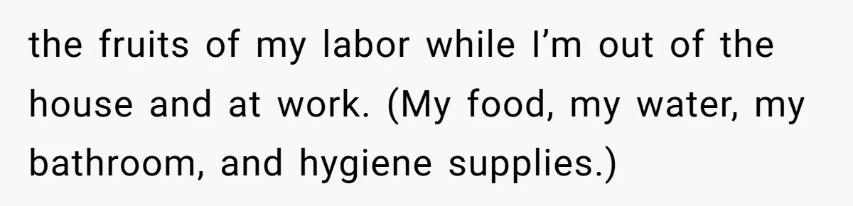 the fruits of my labor while I’m out of the house and at work. (My food, my water, my bathroom, and hygiene supplies.)