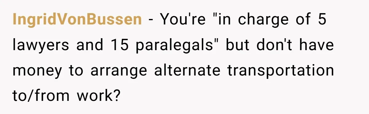 IngridVonBussen − You're "in charge of 5 lawyers and 15 paralegals" but don't have money to arrange alternate transportation to/from work?