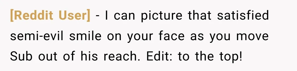 [Reddit User] − I can picture that satisfied semi-evil smile on your face as you move Sub out of his reach. Edit: to the top!