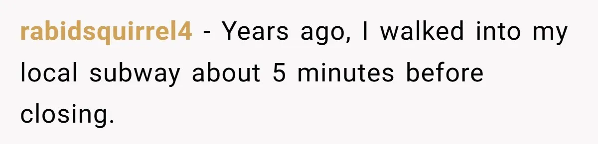 rabidsquirrel4 − Years ago, I walked into my local subway about 5 minutes before closing.