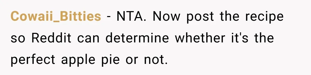 Cowaii_Bitties − NTA. Now post the recipe so Reddit can determine whether it's the perfect apple pie or not.