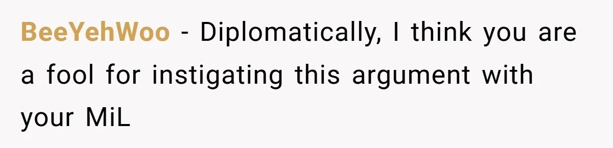 BeeYehWoo − Diplomatically, I think you are a fool for instigating this argument with your MiL