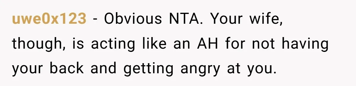 uwe0x123 − Obvious NTA. Your wife, though, is acting like an AH for not having your back and getting angry at you.
