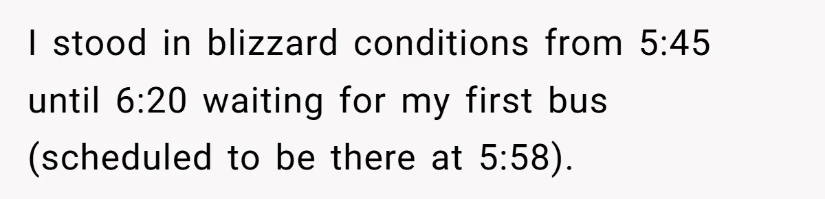I stood in blizzard conditions from 5:45 until 6:20 waiting for my first bus (scheduled to be there at 5:58).